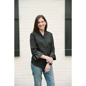 Pearly Vine Barbara Ann Ribbon Trim Shirt Women's Size S Black Wrinkle Resistant